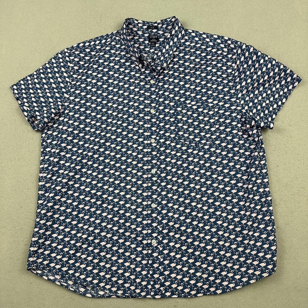 J.Crew Shirt Men 2XL Blue Flamingo Print Short Sleeve Button Up Flex Slim
